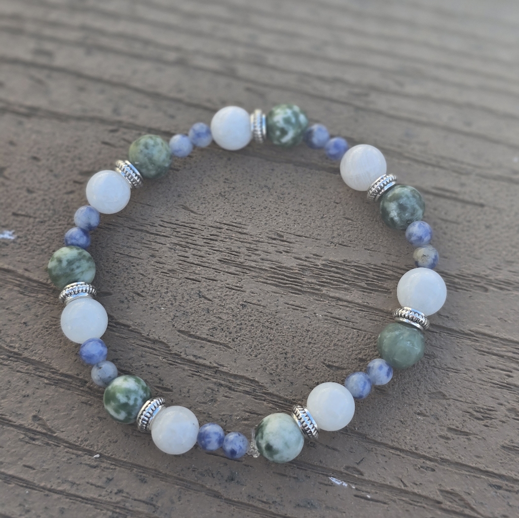 Greet Spot Jaspar, Blue Spot Jaspar, And White Moonstone Bracelet